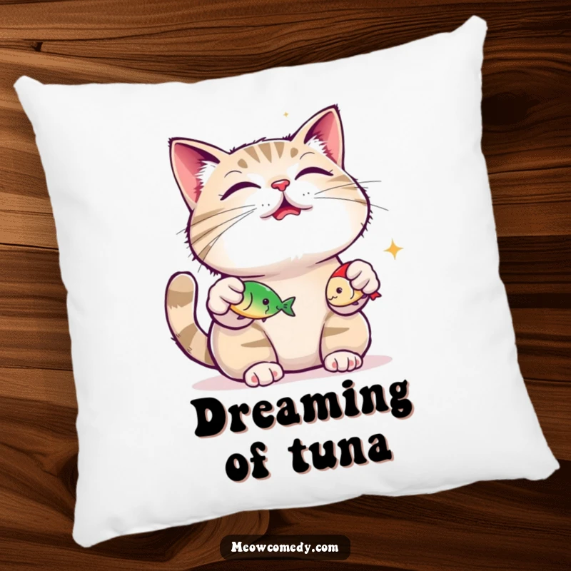 Funny content cat, purring loudly, juggling three small fish toys on a pillow, perfect for humorous and cozy decor.