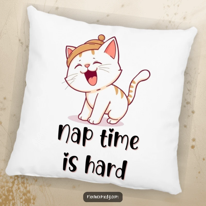 Funny cat pillow, soft and silly, depicting a cat tripping over its tail, perfect for cozying up with a laugh.