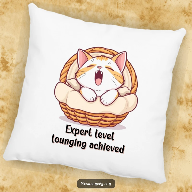 Funny pillow showcasing a comically yawning cat nestled deep within a soft, cozy basket, perfect for lounging.