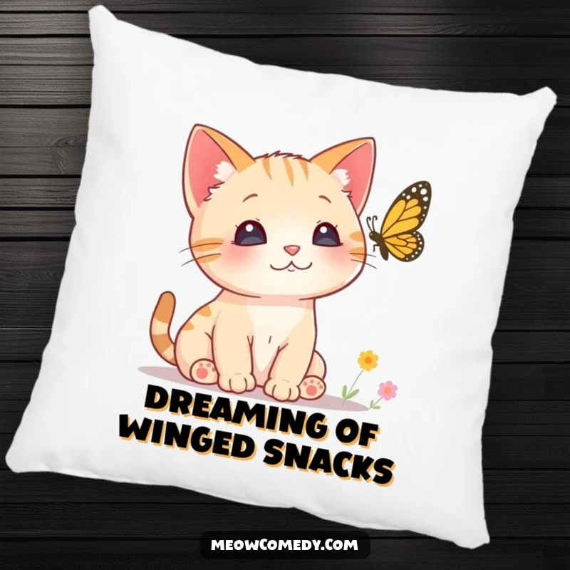 Funny Curious Cat Pillow showing a small kitten with big ears perked, intently watching a butterfly, offering comfort and a humorous, curious touch.