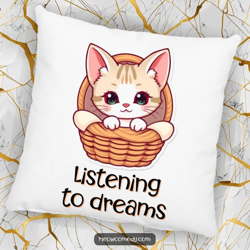 Funny Kawaii Cat Pillow, depicting a cat with oversized ears peeking from a cozy basket, offering comfort and a touch of gentle, curious charm.