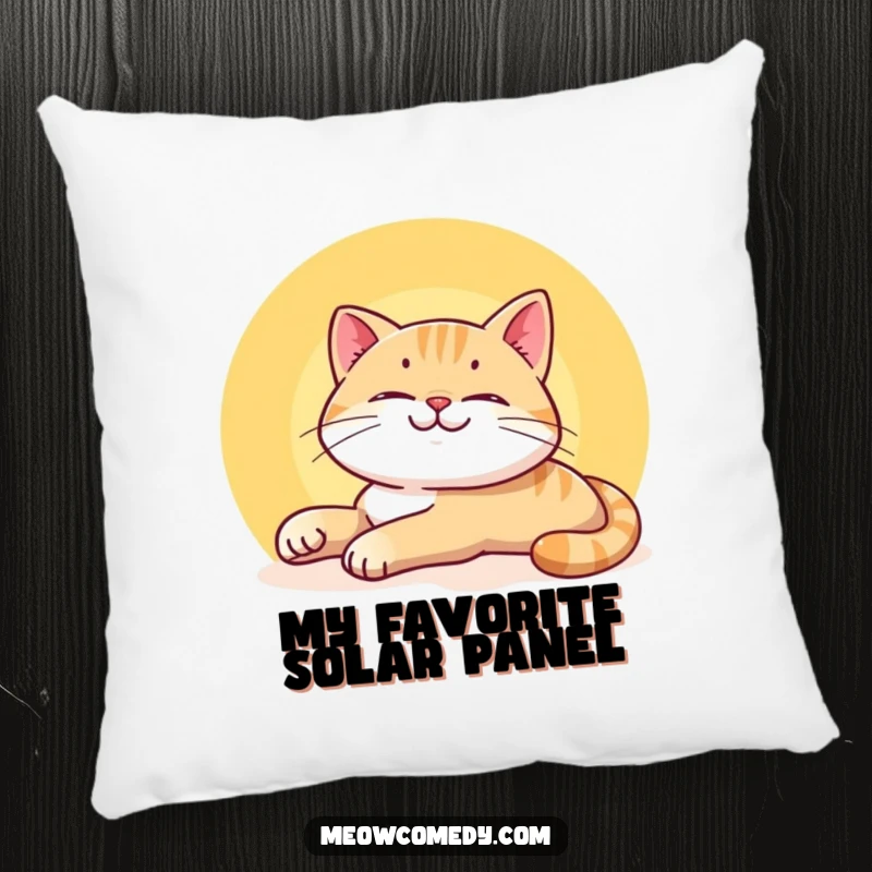 Funny Smiling Cat Pillow showing a content cat stretching lazily in a sunbeam, offering comfort and a humorous, serene touch.