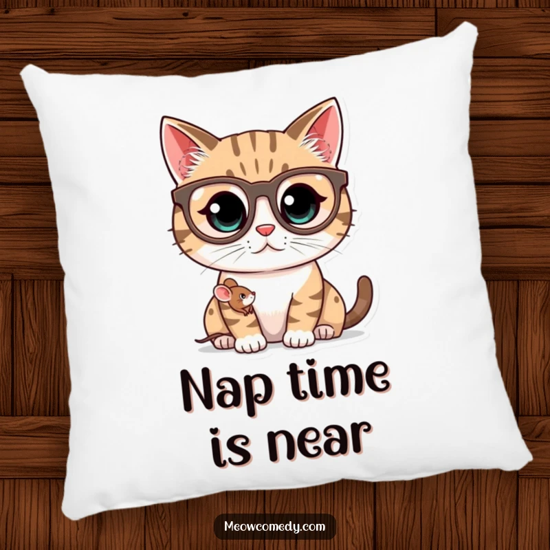 Funny kawaii cat with large glasses looking at a tiny mouse, a soft and humorous decorative pillow.