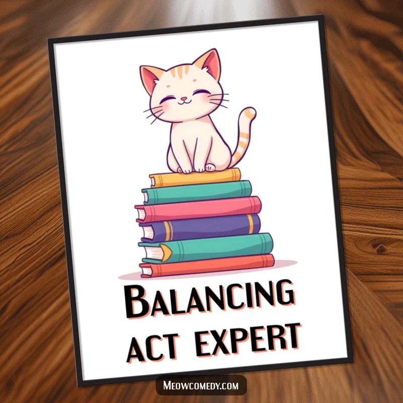 Funny digital art print of a cat elegantly balancing on a colorful stack of books, ideal for literary decor.