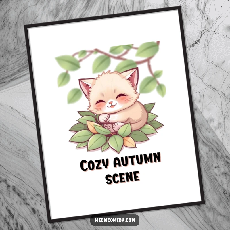 Funny Cat Digital Art Print: A tiny, joyful cat rolling in a soft pile of colorful autumn leaves, capturing pure happiness.