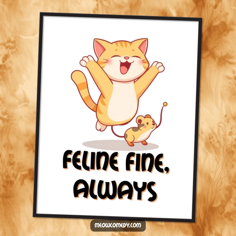 Funny digital art print of a cat leaping with intense focus and joy to catch a toy mouse, a humorous decor piece.