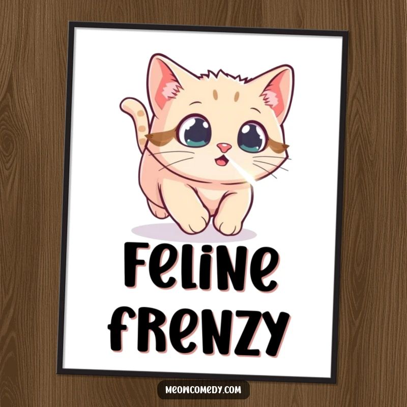 Funny Kawaii Cat Digital Art Print, capturing a cat with wide, excited eyes chasing a shimmering laser dot, embodying playful feline energy.