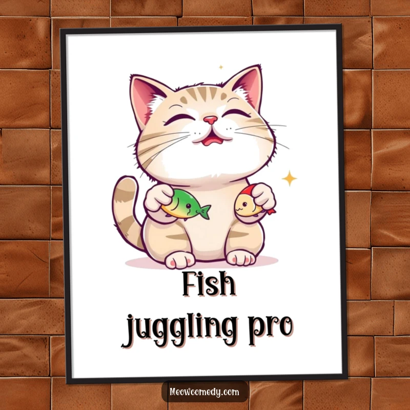 Funny content cat, purring loudly, juggling three small fish toys, digital art print, humorous feline skill, instant download.