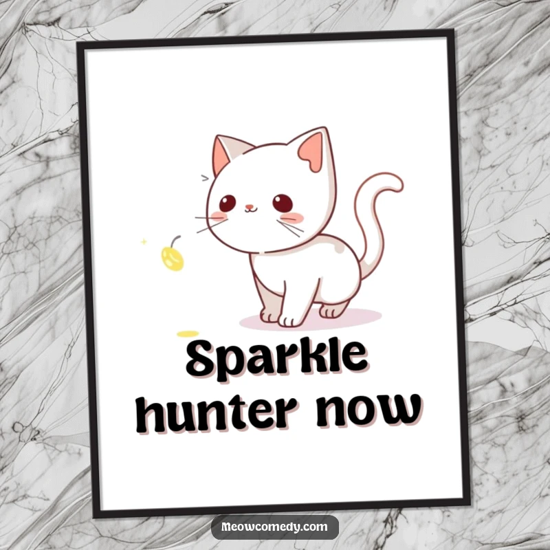 Funny Cat Digital Art Print: A curious cat stealthily chasing a glowing firefly, capturing a moment of nighttime enchantment.