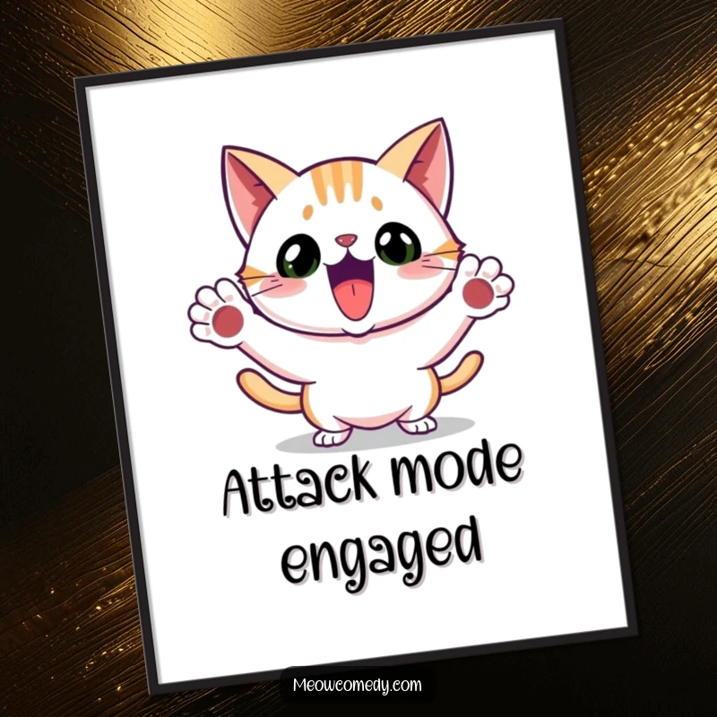 Funny digital art print of an excited cat performing a playful pounce with paws extended, full of energy.