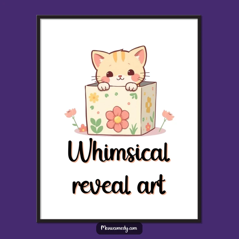 Funny Kawaii Cat Box Digital Art: Whimsical Peek, Instant Gift