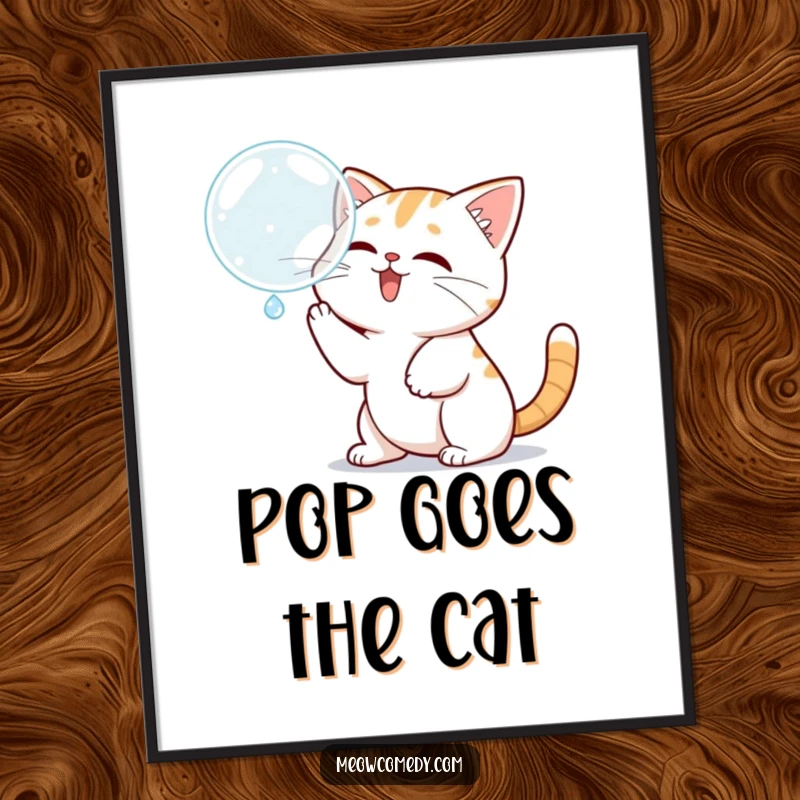 Funny Kawaii Cat Digital Art: A cute cat batting at a bubble, downloadable humor and art.