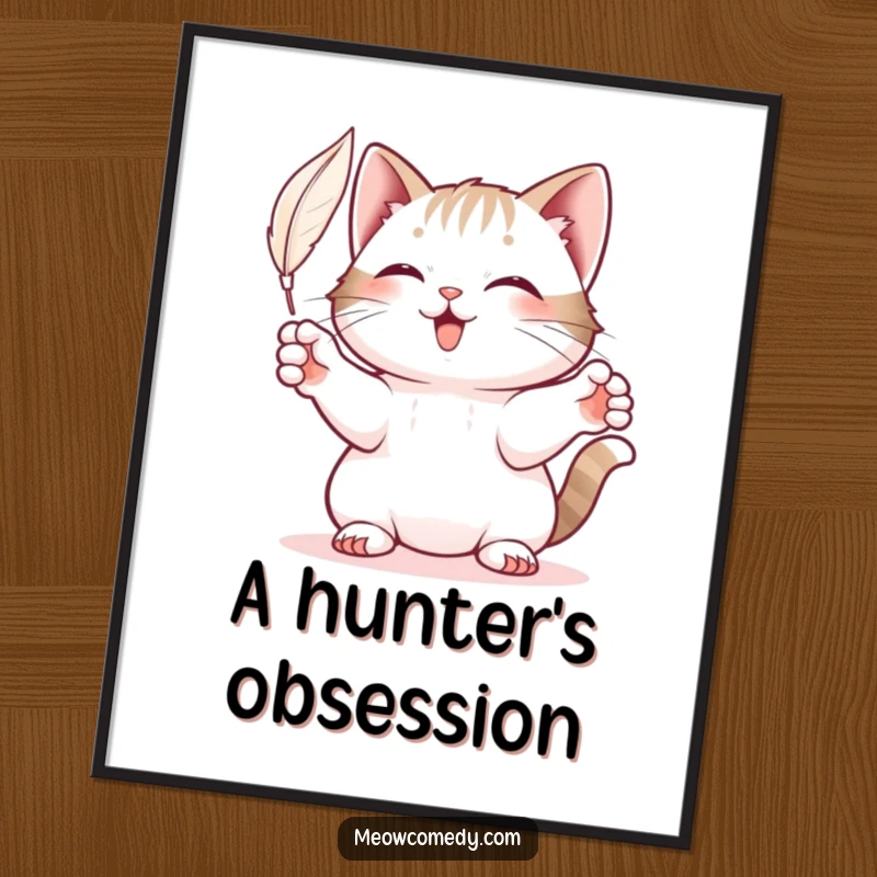 Funny Cat Digital Art Print: A high-resolution image of a playful cat with extended paws, batting at a feather.