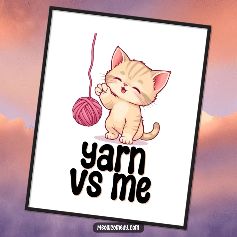 Funny Playful Kitten Digital Art: A kitten energetically bats at a dangling ball of yarn, showing playful feline antics in this artwork.