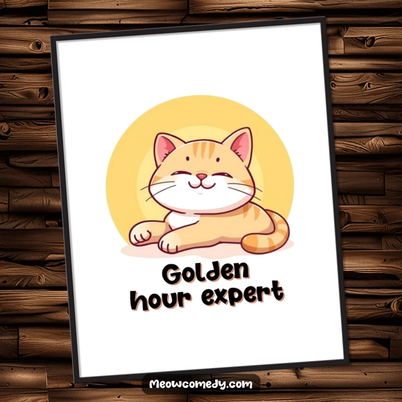 Funny Smiling Cat Digital Art Print featuring a content cat stretching lazily in a sunbeam, embodying pure feline bliss.