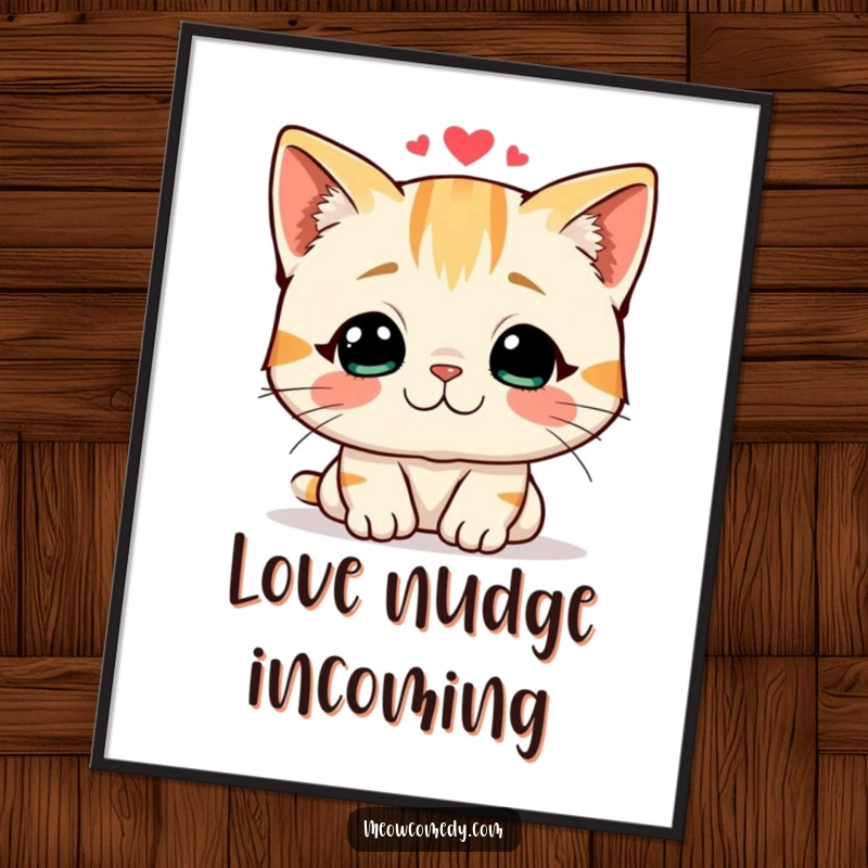 Funny digital art print of a friendly cat offering a gentle headbutt, conveying love and humor.