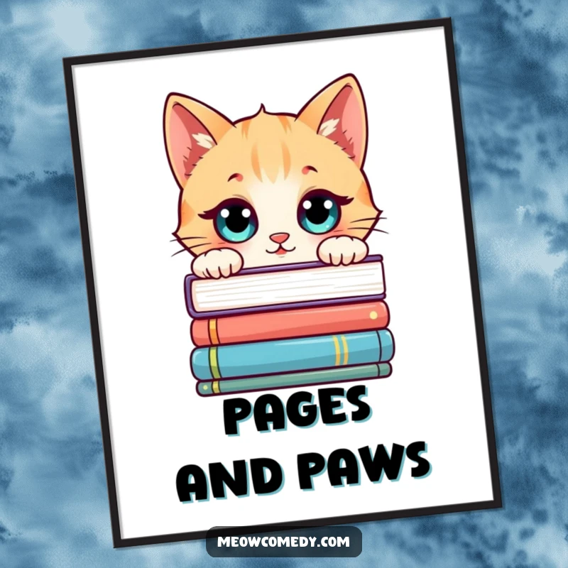 Funny Kawaii Cat Digital Art: A cute cat peeking over books, downloadable art for readers.