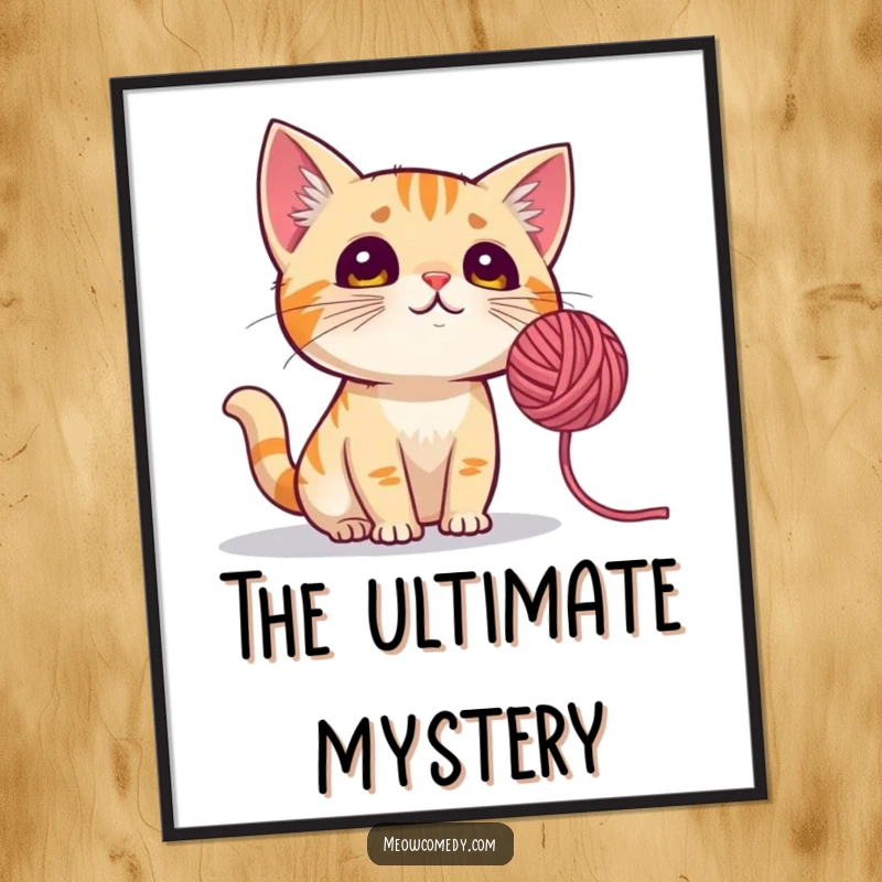 Funny Cat Digital Art Print: High-resolution art of a curious cat with perked ears, mesmerized by a spinning yarn ball.