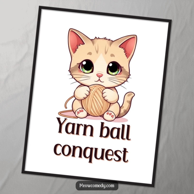 Funny Cat Digital Art Print featuring a cute kitten with huge eyes playfully batting a ball of yarn, embodying feline mischief.