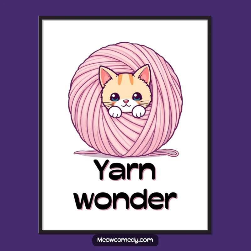 Funny Kawaii Cat Yarn Digital Art: Playful Hideaway Print Gift