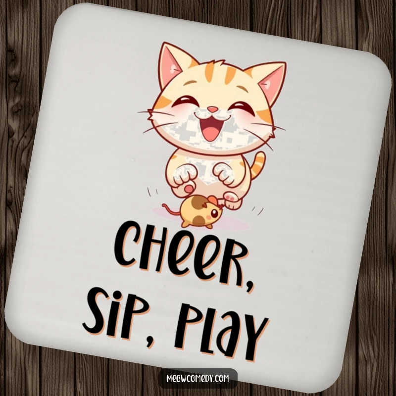 Funny Cat Coaster: A charming coaster depicting a happy cat with a wide grin, chasing a bouncing mouse toy.