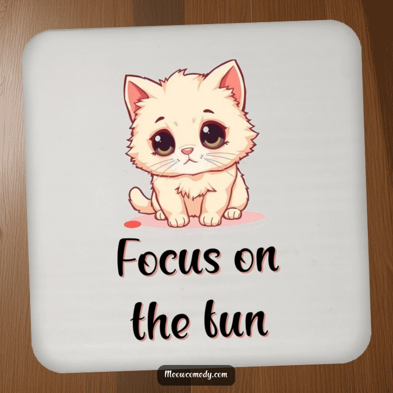 Funny Fluffy Cat Coaster: A fluffy cat with huge eyes chases a red laser dot, protecting your surfaces with humor.