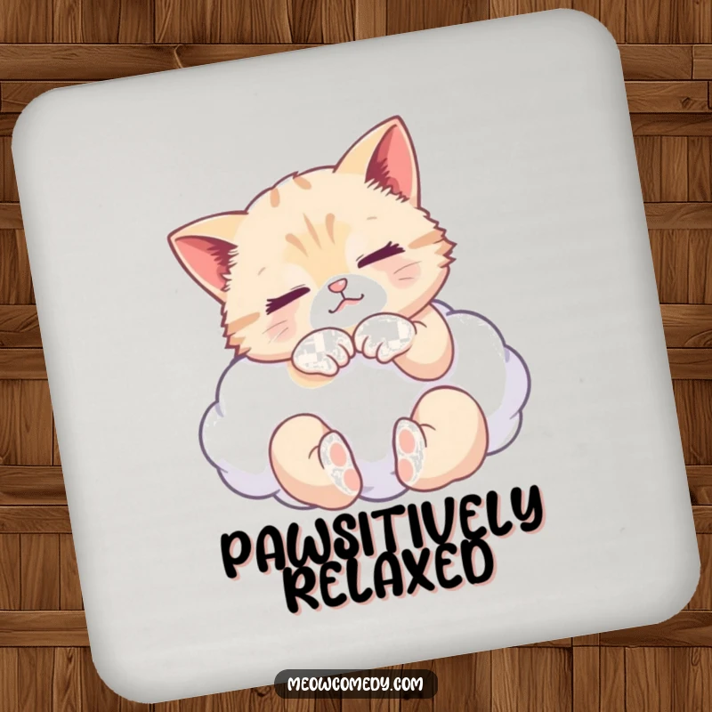 Funny drink coaster featuring a peaceful cat kneading a fluffy cloud, protecting surfaces with serene feline humor.