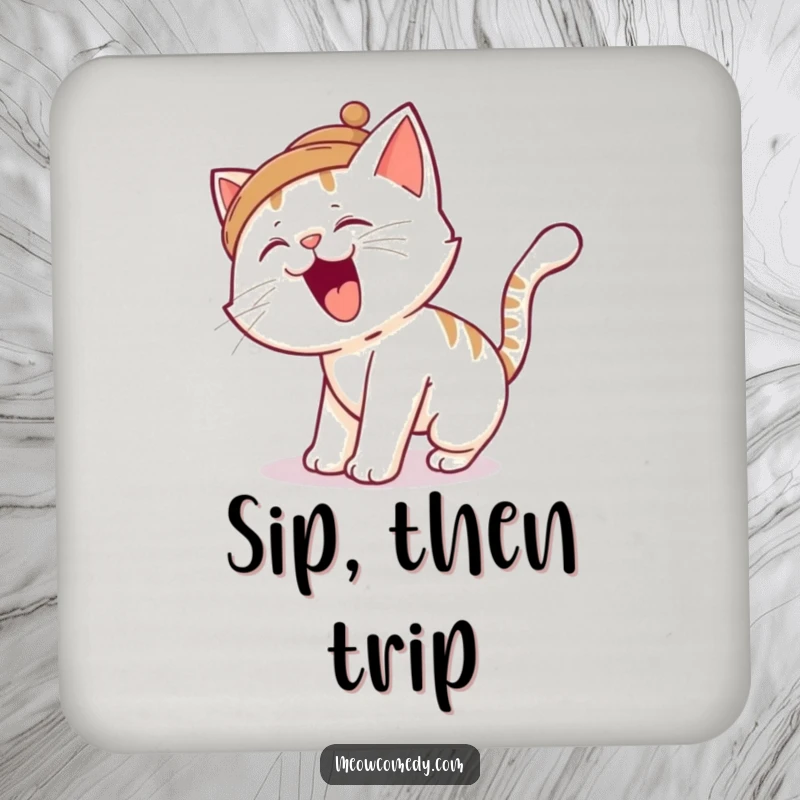 Funny cat drink coaster, protecting surfaces with feline fumbles, a silly cat trips over its tail, a charming table accessory.