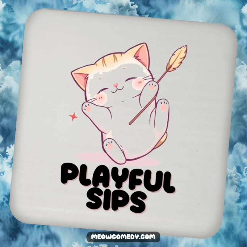 Funny Kawaii Cat Coaster: Cartoon cat tumbling with a feather toy, a humorous and protective accessory.