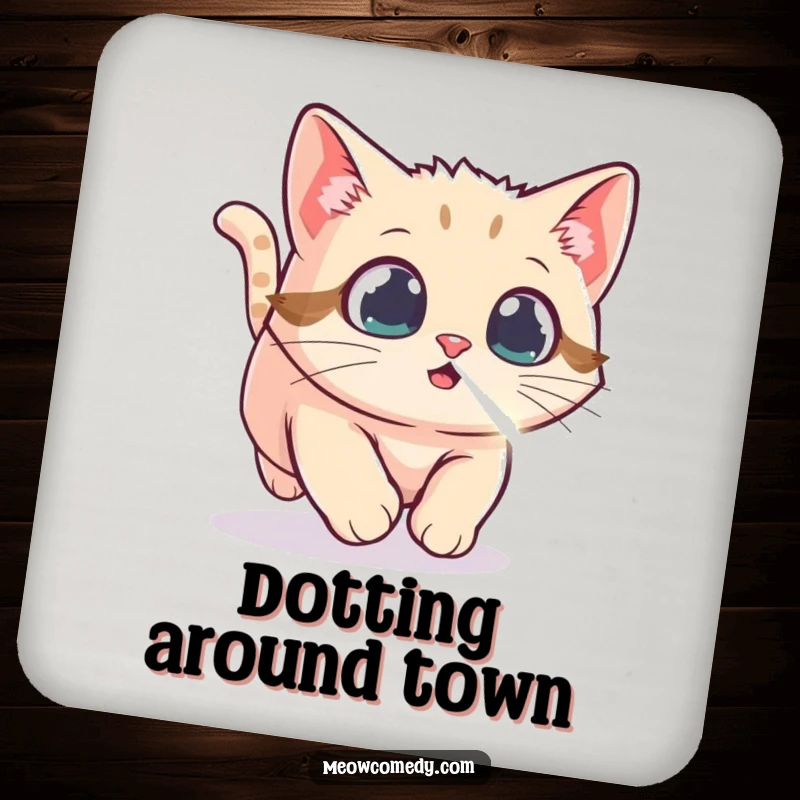 Funny Kawaii Cat Coaster, depicting a cat intently chasing a laser dot, protecting surfaces with playful charm and feline focus.