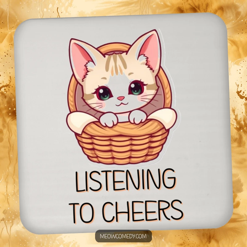 Funny Kawaii Cat Coaster, depicting a curious cat with oversized ears peeking from a basket, protecting surfaces with cozy charm and adorable style.