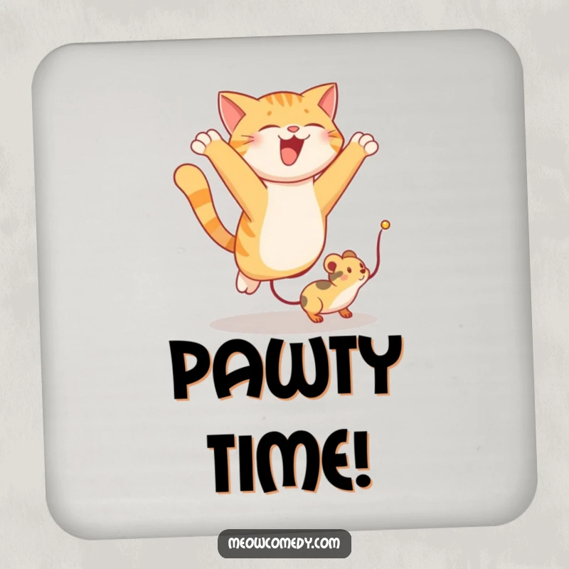 Funny drink coaster featuring a cat leaping high to catch a toy mouse, adding humor to any table setting.