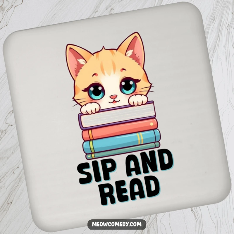 Funny Kawaii Cat Coaster: Cartoon cat peeking over books, a humorous and protective accessory.