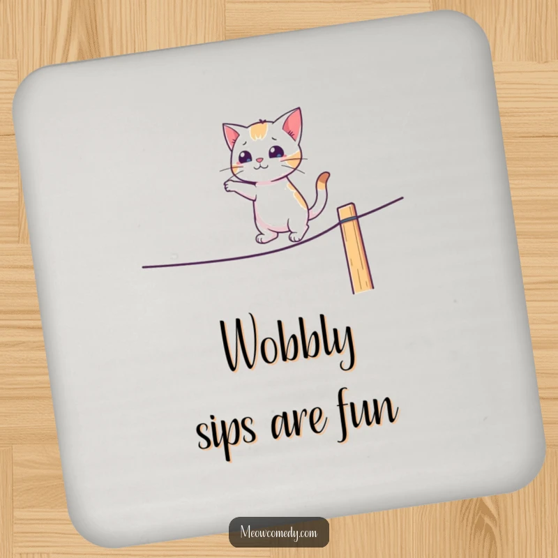 Funny drink coasters featuring a cat wobbling on a tightrope fence, protecting furniture with humorous flair.