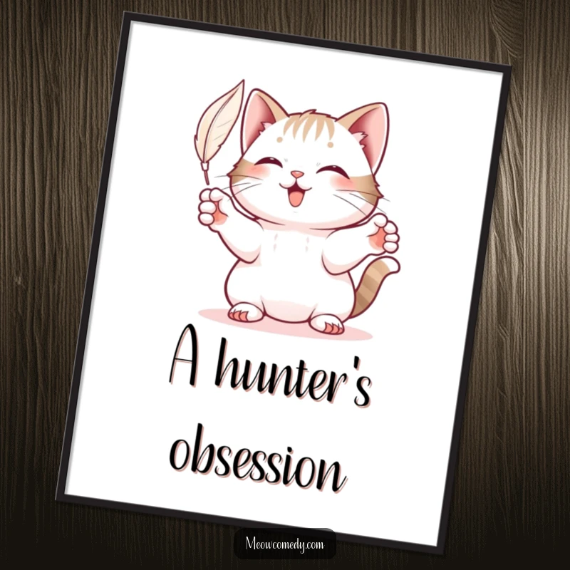 Funny Cat Poster: A dynamic depiction of a playful cat reaching with its paws to bat a feather.