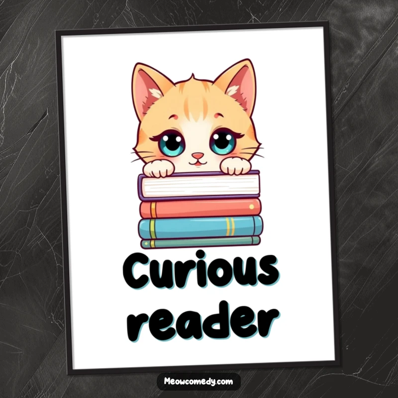 Funny Kawaii Cat Poster: A cute cat peeking over books with wide eyes, amusing wall art for book lovers.