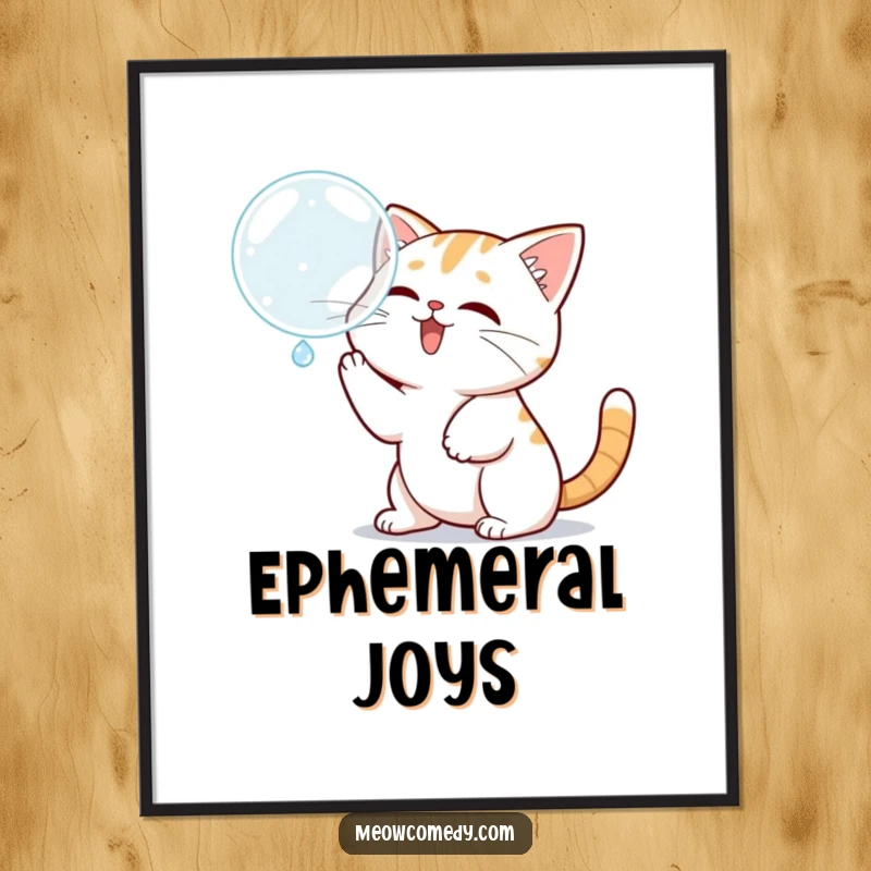 Funny Kawaii Cat Poster: A cute cat playfully batting at a bubble, amusing wall art.