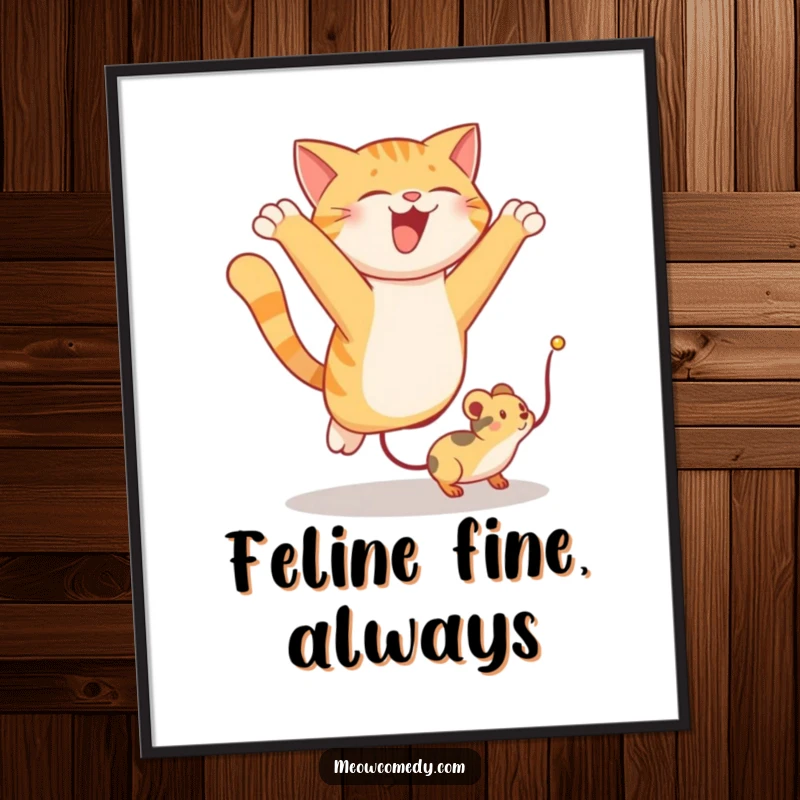 Funny poster depicting a cat mid-air, exuberantly leaping to catch a toy mouse, adding humor to wall decor.