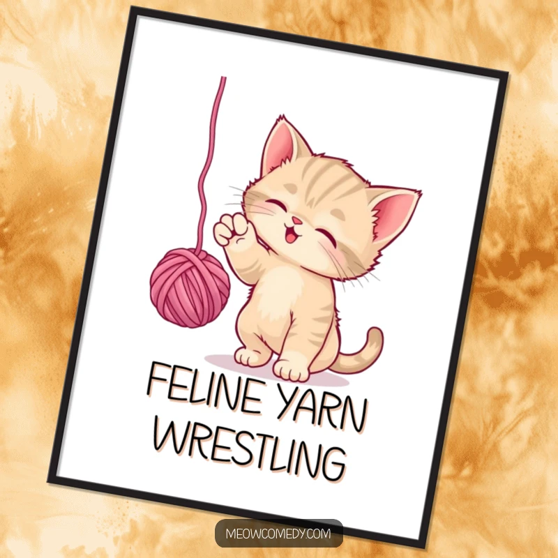 Funny Playful Kitten Poster: A small kitten is shown energetically batting at a dangling ball of yarn, embodying pure playfulness.