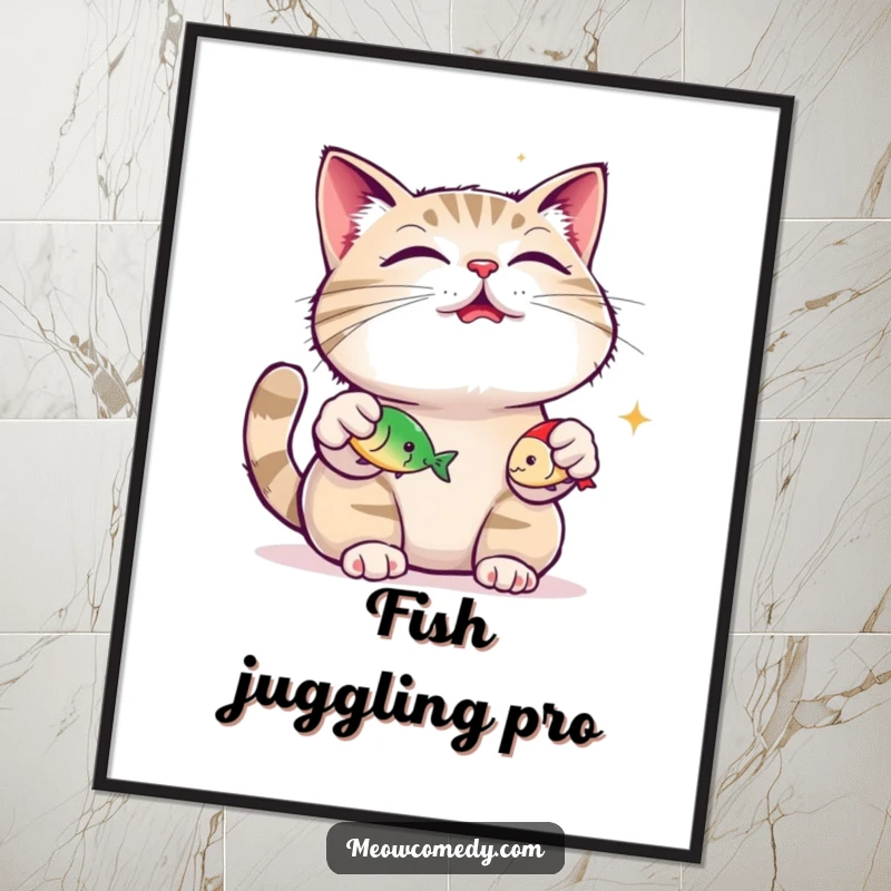 Funny content cat, purring loudly, juggling three small fish toys on a poster, creating humorous wall art, great gift.