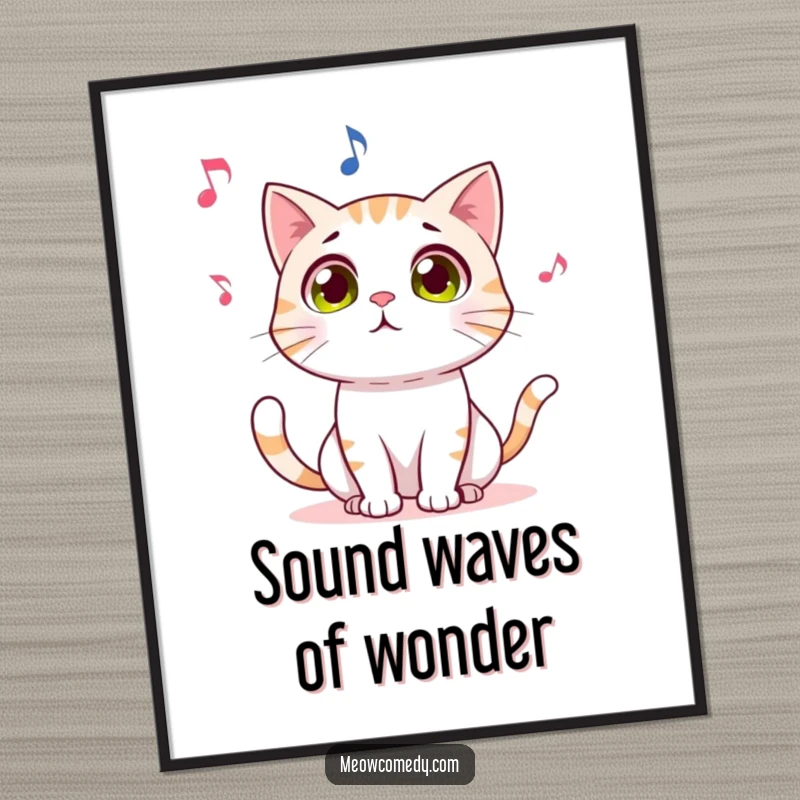 Funny poster print of a wide-eyed cat mesmerized by a whimsical dancing musical note, conveying utter amazement and musical appreciation.