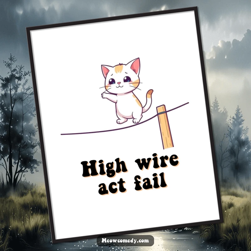 Funny poster illustrating a cat precariously walking a fence like a tightrope, embodying funny feline courage.