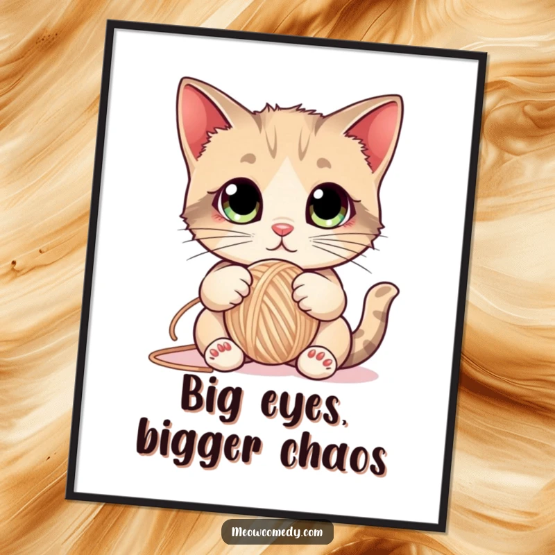 Funny Cat Poster featuring a cute kitten with huge eyes playfully batting a ball of yarn, creating a humorous and endearing scene.