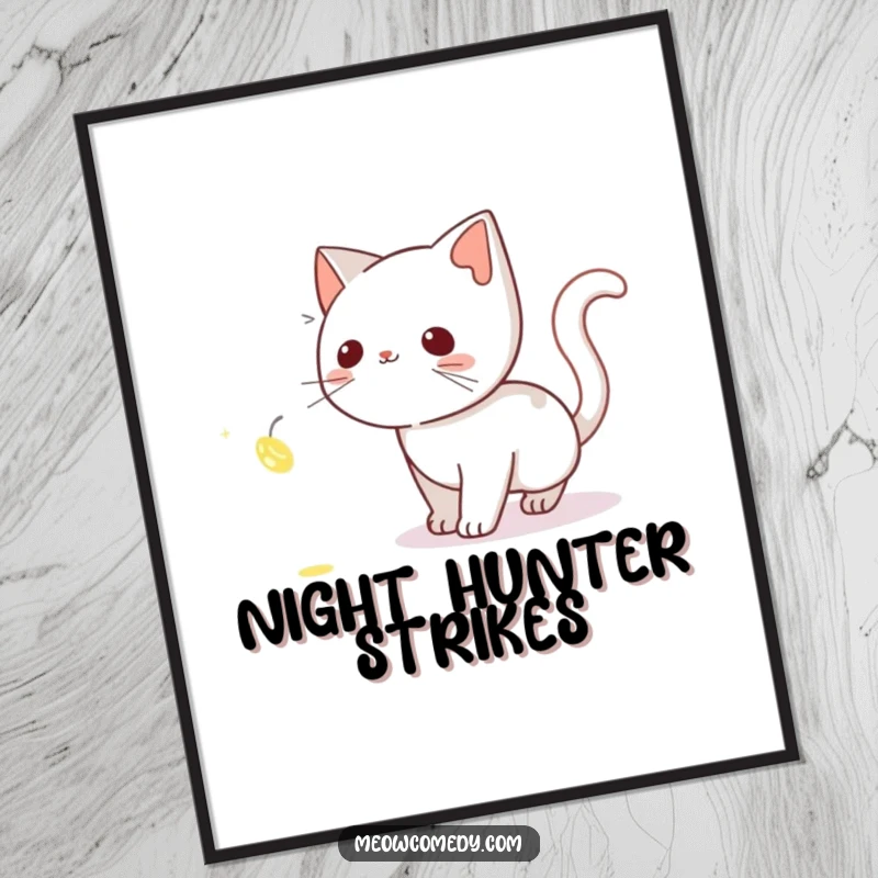 Funny Cat Poster: A curious cat stealthily stalking a glowing firefly, capturing the essence of a magical night hunt.