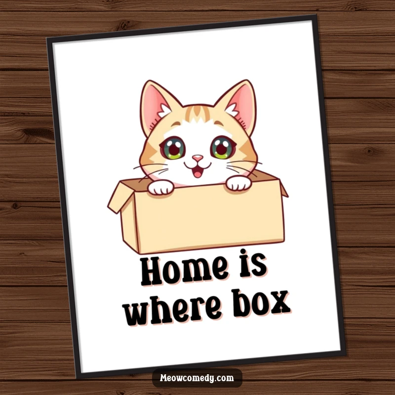 Funny Cat Poster: An adorable cat with wide, curious eyes peeking out from a cardboard box, a perfect piece of whimsical art.