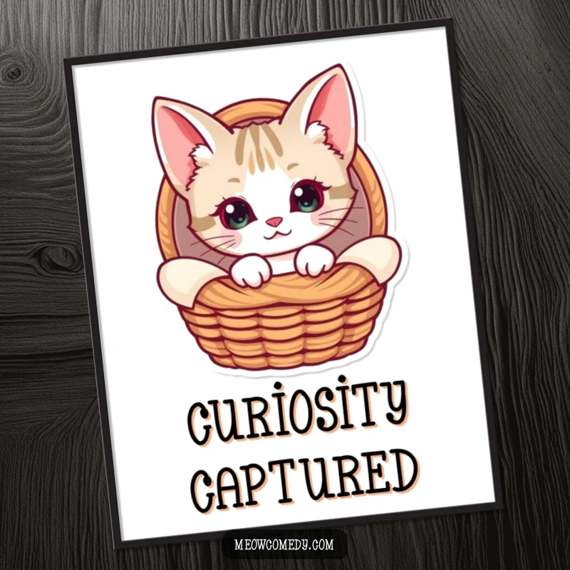 Funny Kawaii Cat Poster print featuring a cat with large ears curiously peeking from a cozy basket, adding a touch of sweet charm.