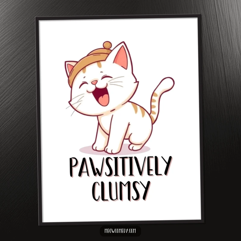 Funny cat poster, depicting a silly cat tripping over its tail while wearing a tiny hat, a hilarious piece of wall art.