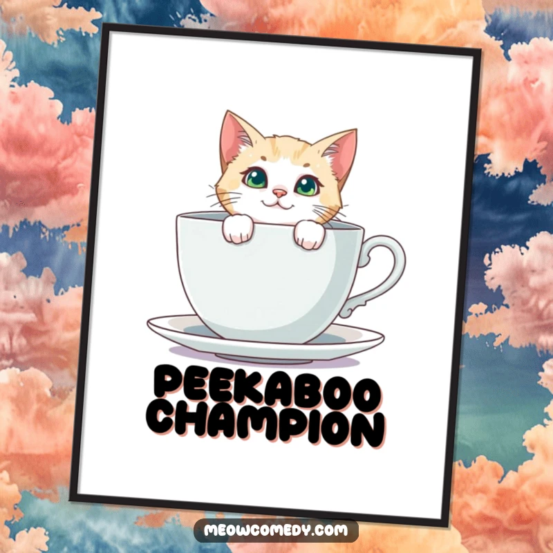 Funny Curious Cat Poster: A cat peeks out from behind a giant teacup, embodying curiosity and humor in this wall art.