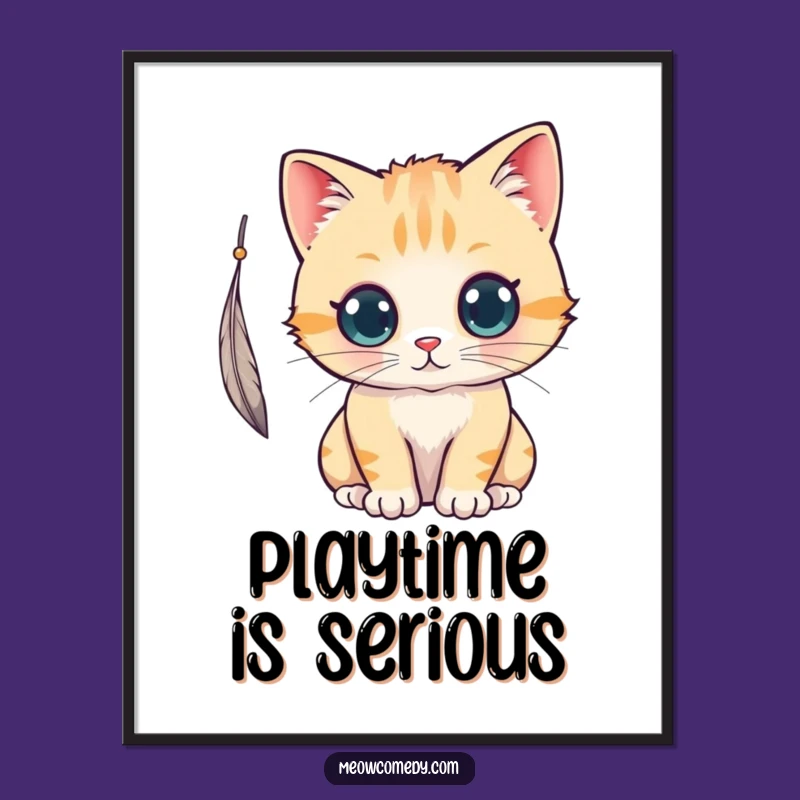 Funny Kawaii Cat Feather Play Poster: Adorable Art for Playful Spaces