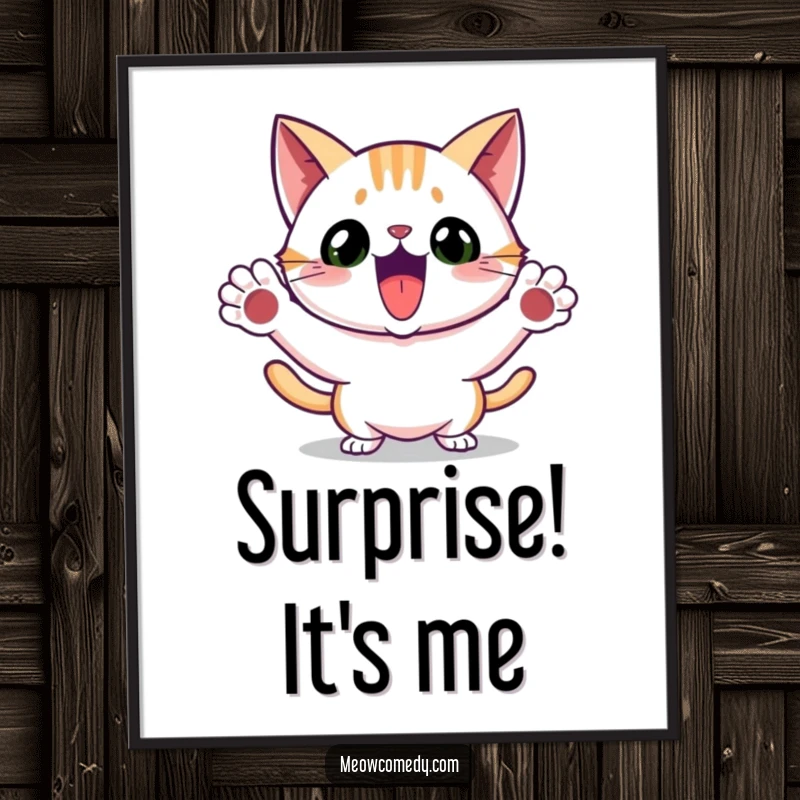 Funny poster capturing a cat in the thrilling moment of an excited, playful pounce with paws outstretched.